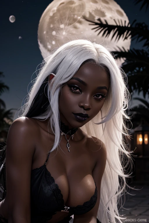 a beautiful black female vampire with a smirk on her face, with black lipstick, (long white hair) nighttime (((1full moon))) great lighting mouth closed, showing pussy