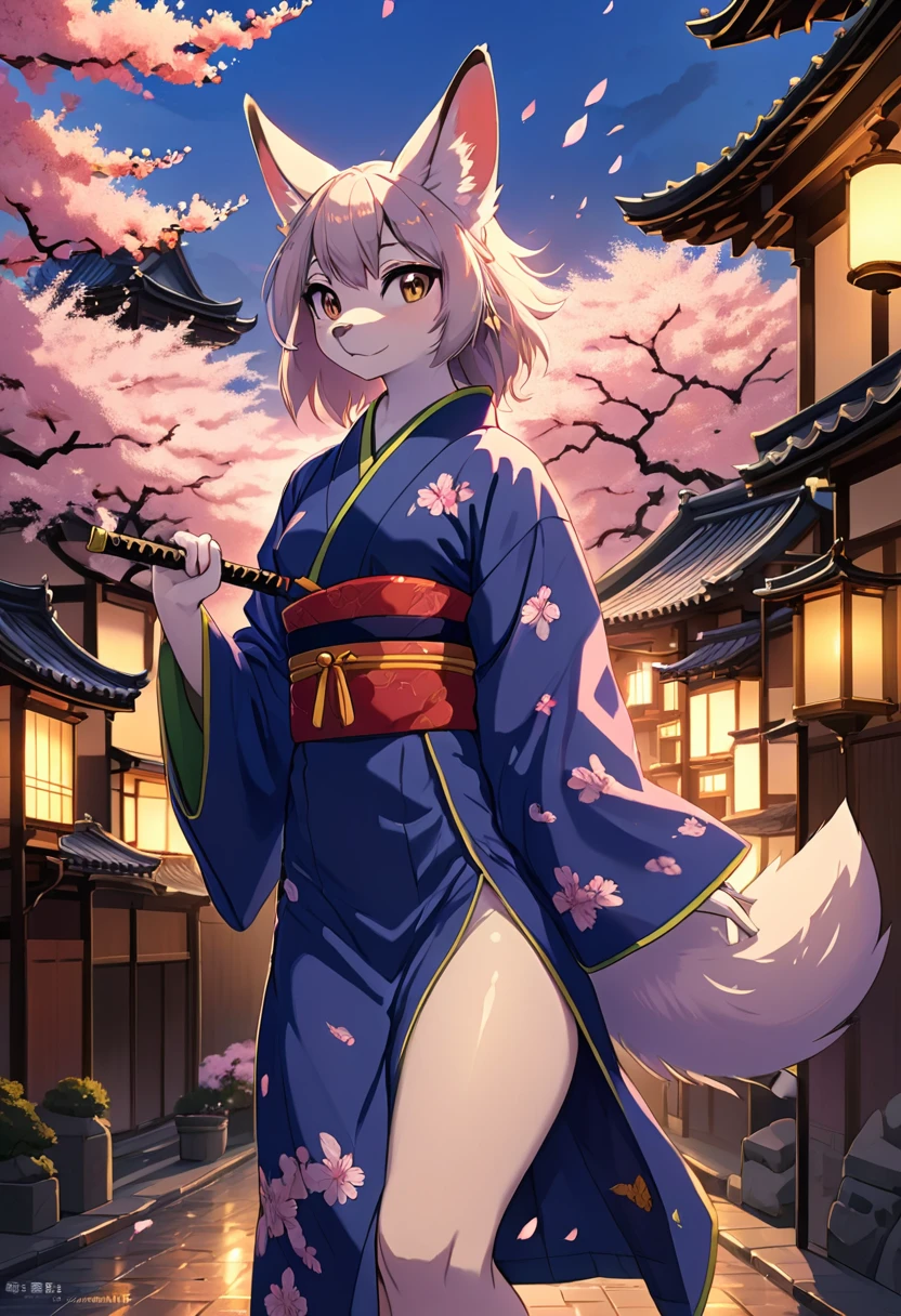 novel illustration, cover page, highres, top quality, best quality, paid reward available, unparalleled masterpiece, perfect artwork, absurdres, High-quality illustrations, super high resolution, detailed background, perfect anatomy(1girl, kemono, furry anthro)intense facial expressions, vibrant kimono, dramatic duel, Japanese historical drama, climactic scene, twilight in castle town, sword flash, cherry blossom petals in the air, dramatic lighting, golden hour,