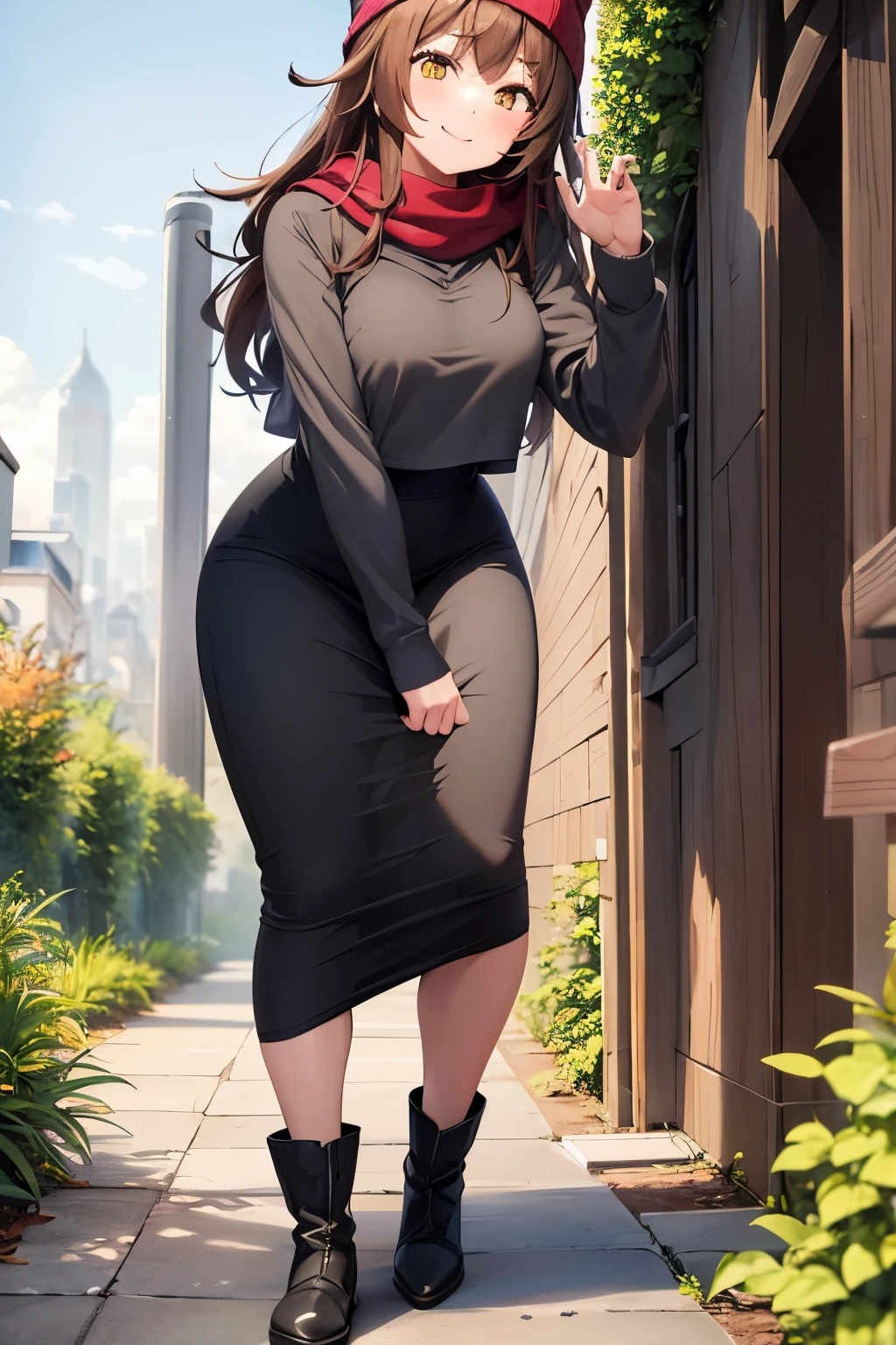 1girl, woman, gray hoodie (cropped), tight midi pencil skirt (black), long length pencil skirt, long brown hair, looking at viewer, full body, smile, blush, boots, garden, fall, leaves, red beanie, scarf