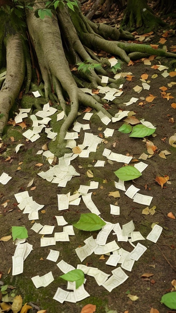 Money tree, fallen leaves are money bills, in the forest