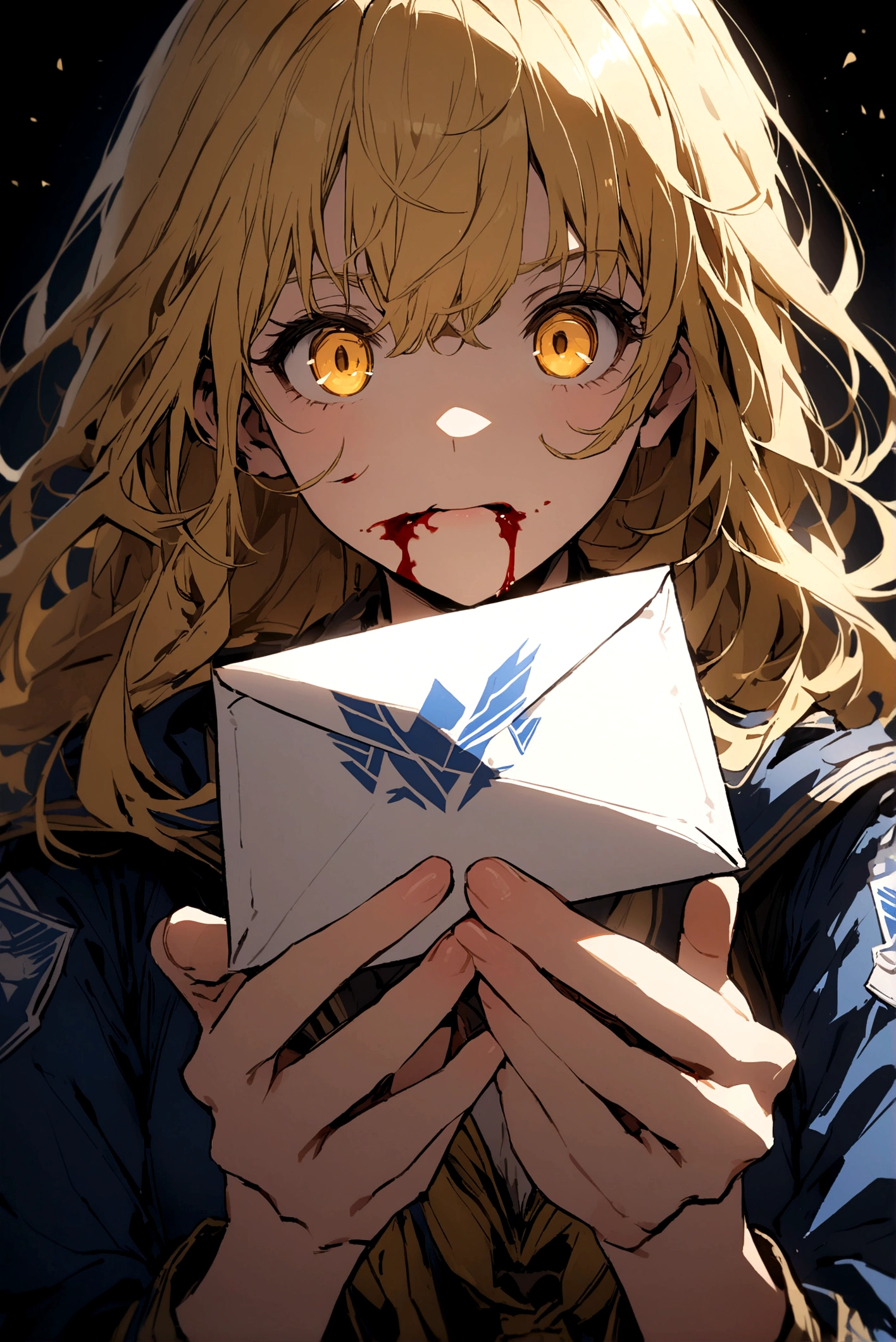 Golden-eyed blonde girl with a blood-stained mouth and an envelope in her hands with a blue eagle logo