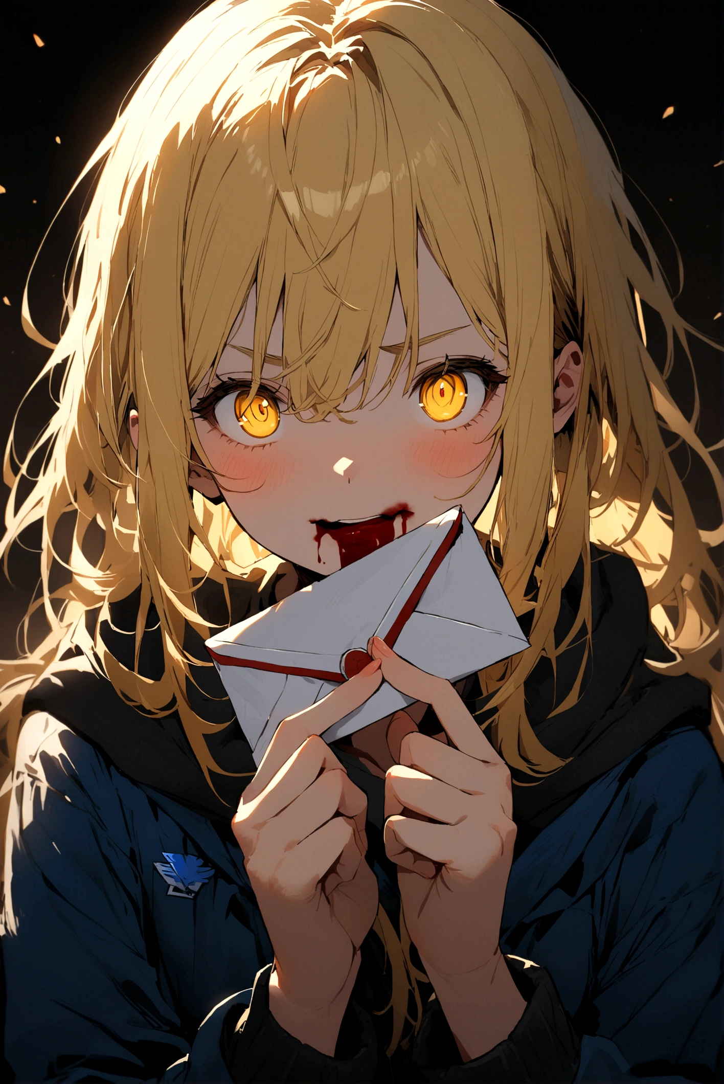 Golden-eyed blonde girl with a blood-stained mouth and an envelope in her hands with a blue eagle logo 