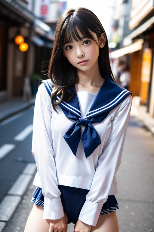 (masterpiece:1.3), (8K, Photorealistic, Raw photo, Best image quality: 1.4), Japanese, (One adult girl), cute,cute、 (A vivid face), Beautiful hairstyle, Realistic eyes, Beautiful details in the eyes, (Realistic Skin), Beautiful skins, attractive, 超High resolution, 超Realistic, Attention to detail, Golden Ratio, (Detail Makeup:1.2), Seeing the viewer,Tabletop, Highest quality, Super detailed, In detail, High resolution, Composition of the whole body、Open leg pose、Boldly open your legs、美しいAttention to detail目, Fitness Wear, Natural color lip,Photorealistic、Realistic、alone、Photorealistic、Highest quality、Highly detailed face、Highly detailed eyes and face、Beautiful and fine details、Absurd、Unbelievably absurd、My hair is messy、Floating Hair、Brown Hair、Wavy Hairstyle、Mid-length hair、(Highly detailed CG、8K Picture Wallpaper)、(Very delicate and beautiful)、(masterpiece)、(Highest quality:1.0)、(超High resolution:1.0)、Beautiful lighting、Perfect Lightning、Realistic Shadows、[High resolution]、Detailed skin、Super detailedな、Detailed face and eyes、Realistic eyes、Sharp pupils、Beautiful Face、plein air、Downtown Japan、Amidst the hustle and bustle、Blurred Background、Glowing Skin、Blunt bangs、Red Eye、(Sailor suit 1.2)、Sailor suits have long sleeves、Ultra HD Photos, 8K quality, Outdoor, Systemic composition, looking at the camera, Japan Perfect Beauty, Texture that shows pores, Perfect Face, Clear skin, Clear skin, Beautiful and toned body, Muscular, thin, Small breasts, Tight ass and small breasts、Small Ass、 Bloomers (Bloomers  Japan School, Seamless Design, 単色のBloomers, Bloomers are dark blue, Perfect fit、Bloomers are elastic fabrics、Bloomersの長さはへそから３ｃｍThe following degrees:, )Legs wide open、、Expressionless、(Turn your face to the side、)