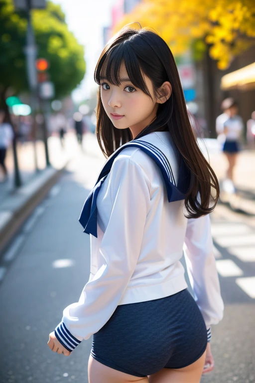(masterpiece:1.3), (8K, Photorealistic, Raw photo, Best image quality: 1.4), Japanese, (One adult girl), cute,cute、 (A vivid face), Beautiful hairstyle, Realistic eyes, Beautiful details in the eyes, (Realistic Skin), Beautiful skins, attractive, 超High resolution, 超Realistic, Attention to detail, Golden Ratio, (Detail Makeup:1.2), Seeing the viewer,Tabletop, Highest quality, Super detailed, In detail, High resolution, Composition of the whole body、Open leg pose、Boldly open your legs、美しいAttention to detail目, Fitness Wear, Natural color lip,Photorealistic、Realistic、alone、Photorealistic、Highest quality、Highly detailed face、Highly detailed eyes and face、Beautiful and fine details、Absurd、Unbelievably absurd、My hair is messy、Floating Hair、Brown Hair、Wavy Hairstyle、Mid-length hair、(Highly detailed CG、8K Picture Wallpaper)、(Very delicate and beautiful)、(masterpiece)、(Highest quality:1.0)、(超High resolution:1.0)、Beautiful lighting、Perfect Lightning、Realistic Shadows、[High resolution]、Detailed skin、Super detailedな、Detailed face and eyes、Realistic eyes、Sharp pupils、Beautiful Face、plein air、Downtown Japan、Amidst the hustle and bustle、Blurred Background、Glowing Skin、Blunt bangs、Red Eye、(Sailor suit 1.2)、Sailor suits have long sleeves、Ultra HD Photos, 8K quality, Outdoor, Systemic composition, looking at the camera, Japan Perfect Beauty, Texture that shows pores, Perfect Face, Clear skin, Clear skin, Beautiful and toned body, Muscular, thin, Small breasts, Tight ass and small breasts、Small Ass、 Bloomers (Bloomers  Japan School, Seamless Design, 単色のBloomers, Bloomers are dark blue, Perfect fit、Bloomers are elastic fabrics、Bloomersの長さはへそから３ｃｍThe following degrees:, )Legs wide open、、Expressionless、(Turn your face to the side、)