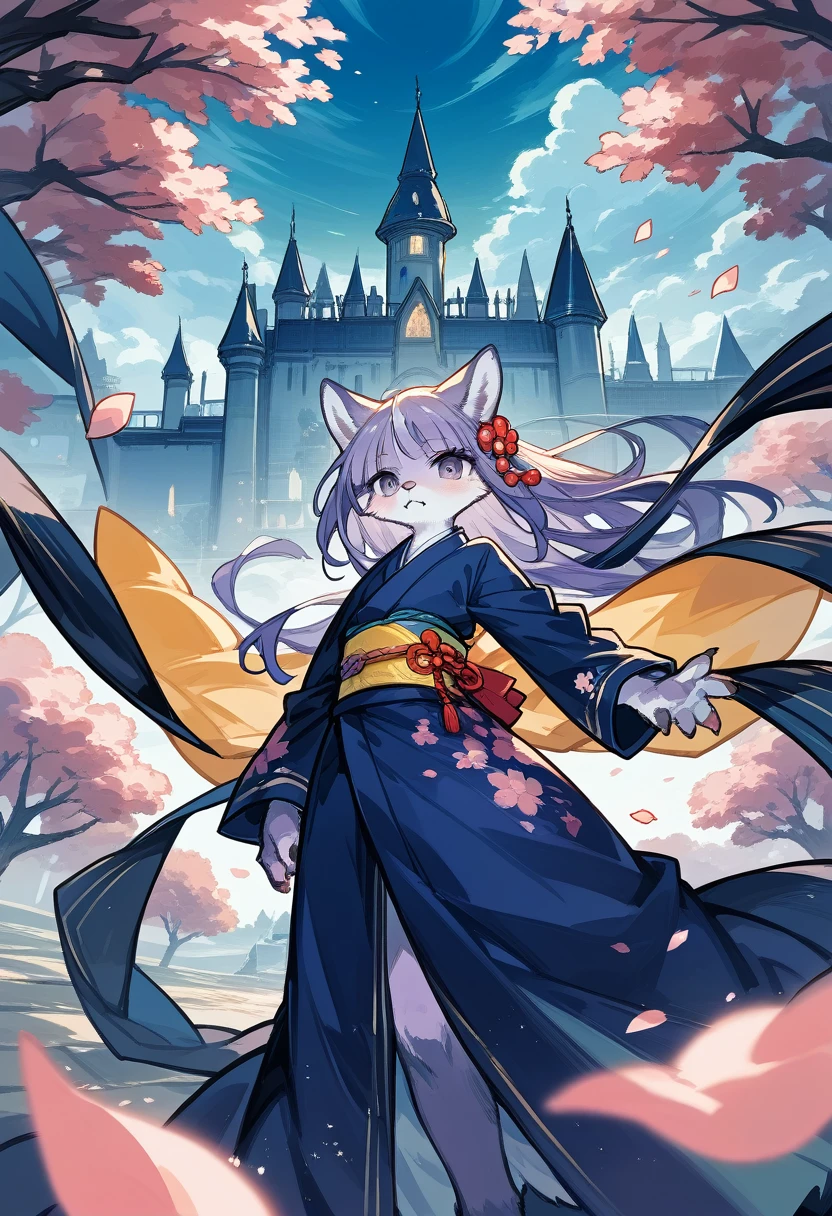 novel illustration, cover page, highres, top quality, best quality, paid reward available, unparalleled masterpiece, perfect artwork, absurdres, High-quality illustrations, super high resolution, detailed background, perfect anatomy(1girl, kemono, furry anthro)intense facial expressions, vibrant kimono, dramatic duel, Japanese historical drama, climactic scene, twilight in castle town, sword flash, cherry blossom petals in the air, dramatic lighting, golden hour,