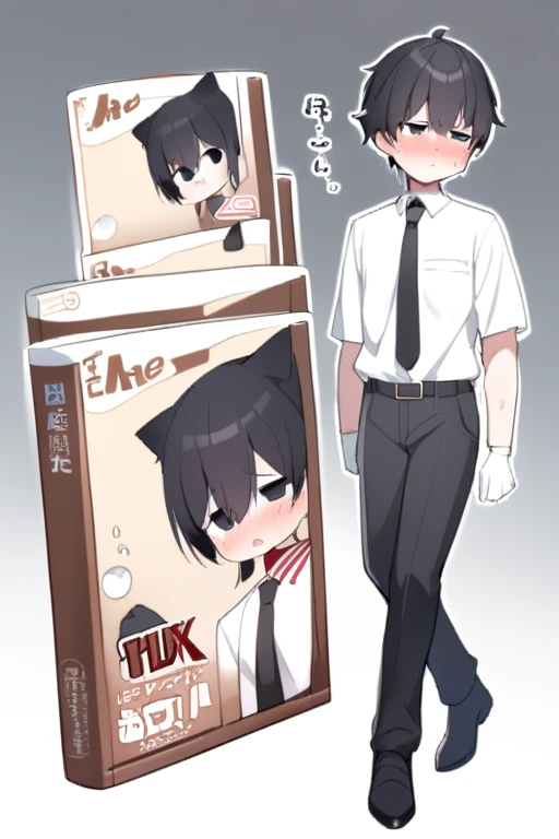 18-year-old boy，cute，Wear a white short-sleeved shirt and a black work tie，Wear black pants，Wear black booties，Wear white gloves，wear cat ear，Black hair，Black eyes，Handsome，Disdainful and cold expression，shy，blush，Sweating，pornography，Pornographic action，wheezing