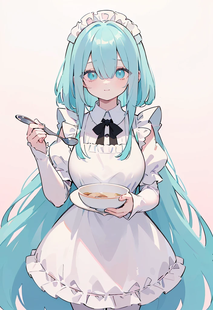 (((Long cyan Beautiful Hair))),cyan hair,kawai,(((Eyes visible from bangs,hair over eyes:1.3))),,Huge breasts,(pink color eyes),,(pink slanted eyes),1girl in,bangs,long gray hair, pantyhose,Cowboy Shot,white background,short hair,smiled,(wearing pink maid clothes), (maid dress type must have a perfect black vest), Bangs should be long to the tip of the chin(((, focusing on the bowl containing the dough and holding a spoon to stir it))), Kitchen room background, Perfect arm fingers,,, 1 girl, ((The image must match the tag)) Bangs almost cover the eyes full body (The character's entire body from top to bottom is completely visible)