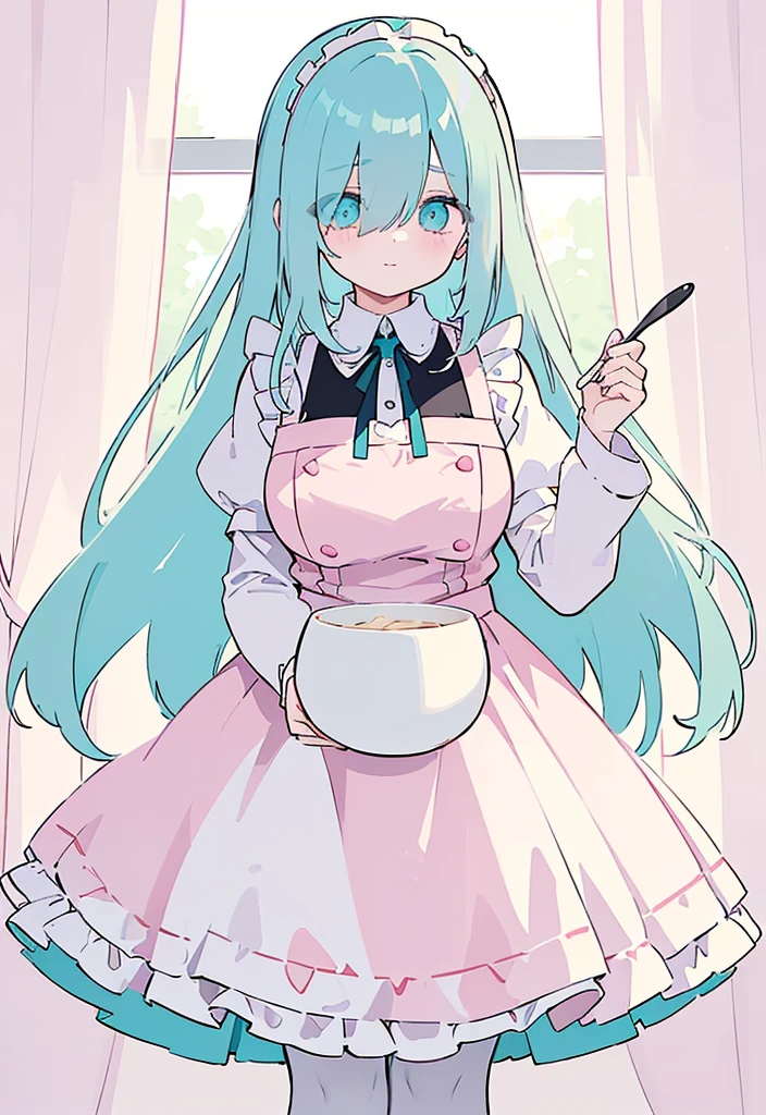 (((Long cyan Beautiful Hair))),cyan hair,kawai,(((Eyes visible from bangs,hair over eyes:1.3))),,Huge breasts,(pink color eyes),,(pink slanted eyes),1girl in,bangs,long gray hair, pantyhose,Cowboy Shot,white background,short hair,smiled,(wearing pink maid clothes), (maid dress type must have a perfect black vest), Bangs should be long to the tip of the chin(((, focusing on the bowl containing the dough and holding a spoon to stir it))), Kitchen room background, Perfect arm fingers,,, 1 girl, ((The image must match the tag)) Bangs almost cover the eyes full body (The character's entire body from top to bottom is completely visible)