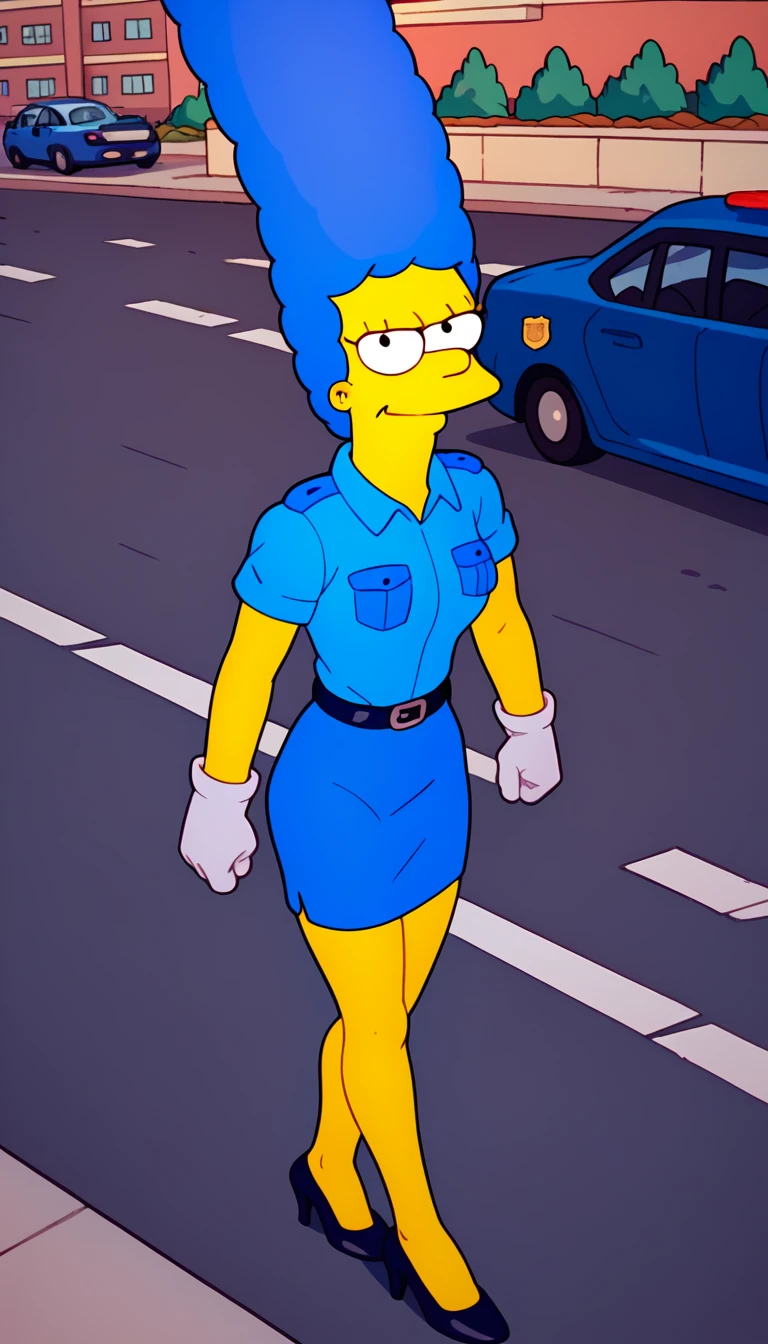 (((marges, blue hair, 1girl, solo, alone, colored skin, yellow skin))), zPDXL flat color, looking at viewer, angry, smile,
blue police hat, police uniform, blue shirt, short sleeves, belt, pencil skirt, white gloves, high heels ,
walking at viewer, dynamic pose, dynamic angle, cowboy shot,
outdoor, street, city, day, cars,