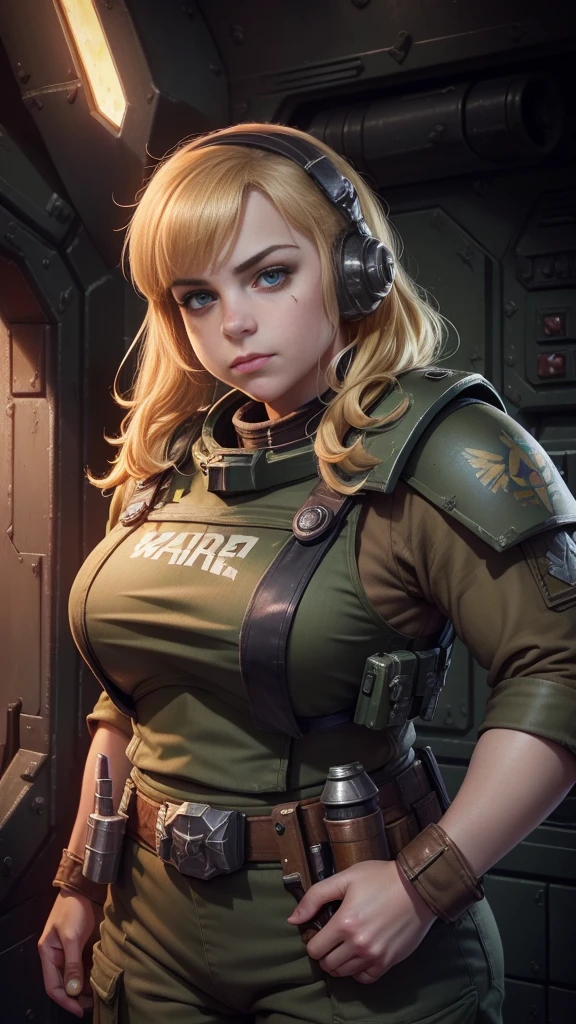 (high-angle shot), warhammer 40k imperial guardsman, ((female dwarf)). blonde hair, bare hand, hobbit, hafling, pants, (green bulletproof vest), ((large nose)), large expressive eyes, ((in a rusty spaceship)), chubby face, black paint under eyes, dirty, holding food