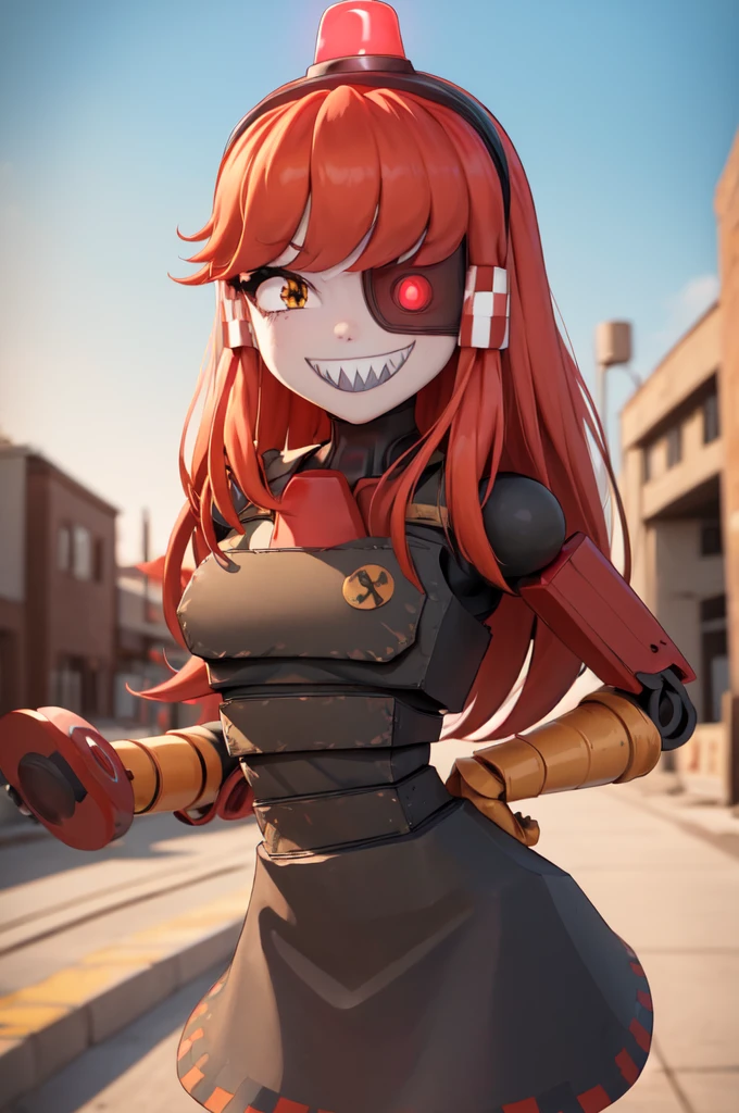 (masterpiece, best quality:1.2), cowboy shot, solo, 1girl, mimi-sentry, robot, sharp teeth, grin, looking at viewer, arms behind back, eyepatch, black dress