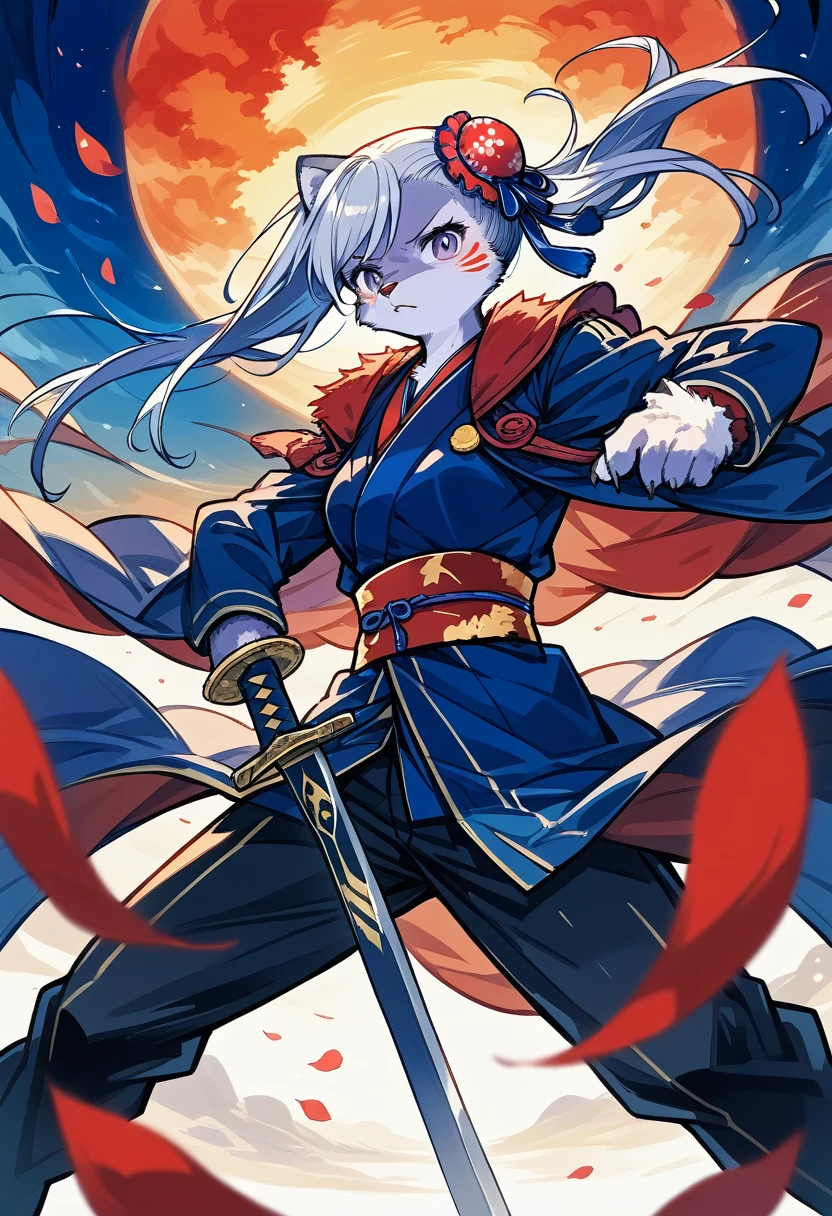 novel illustration, cover page, highres, top quality, best quality, paid reward available, unparalleled masterpiece, perfect artwork, absurdres, High-quality illustrations, super high resolution, detailed background, perfect anatomy(1girl, kemono, furry anthro)intense facial expressions, vibrant kimono, dramatic duel, Japanese historical drama, climactic scene, twilight in castle town, sword flash, cherry blossom petals in the air, dramatic lighting, golden hour, dramatic duel between Fujimura Ryoma and Miyamoto Musashi, set in a battlefield during the Warring States period of Japan. The scene should be illuminated by the setting sun, with a sense of intensity and determination emanating from the characters. Fujimura Ryoma, a skilled swordsman, is shown with a fierce expression, his sword clashing with Miyamoto Musashi's in a flash of steel. Miyamoto Musashi, a legendary swordsman, is depicted with a calm and focused expression, his eyes fixed intently on his opponent. The background should feature a war-torn landscape, with burning buildings and fallen warriors in the distance. The atmosphere should be tense and dramatic, with a sense of fate hanging in the balance,