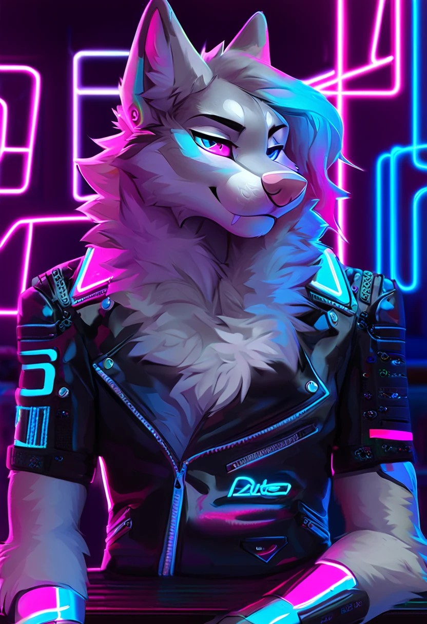 The perfect wolf fursona, grey fur, white fur, pink and blue heterochromia eyes, cyber-arm, futuristic leather jacket, neon lights, bar, cigarette, bisexual pride badge on jacket, hot, detailed fur, 4k fur, soft fur,