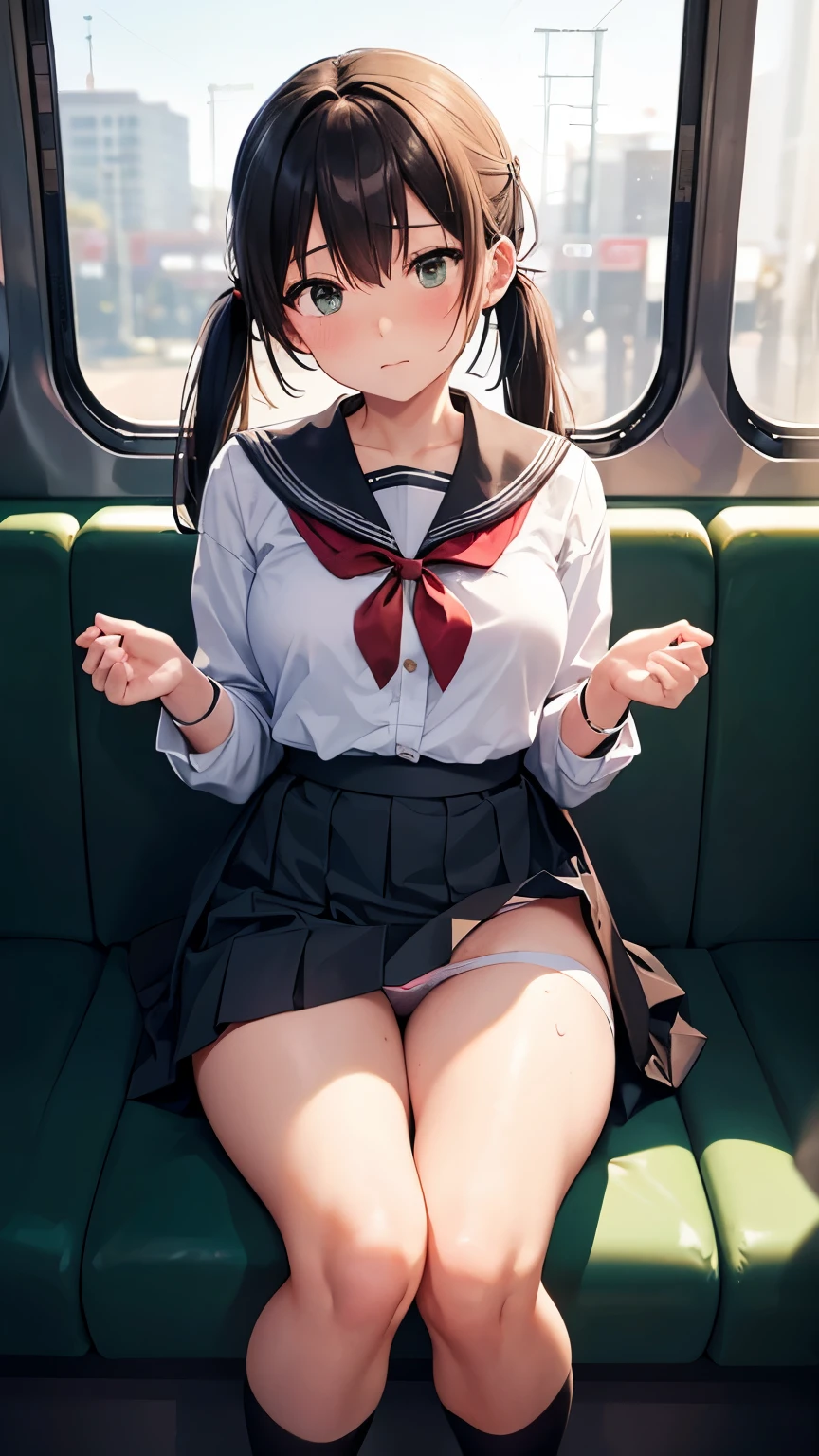 crowd,crowded train:1.5 ,Open the first button.,clasp hands between thighs,Panty drop,black twin tail,POV,Shiny, sweaty thighs:1.5,close legs,Japanese , sitting on a train,Green sheet,sailor uniform, white shirt, red ribbon, brown leather shoes, skirt lift,black skirt,black high socks, embarrassed expression,train interior, morning light, calm atmosphere, urban setting, high quality, highly detailed, realistic photo, intricate details