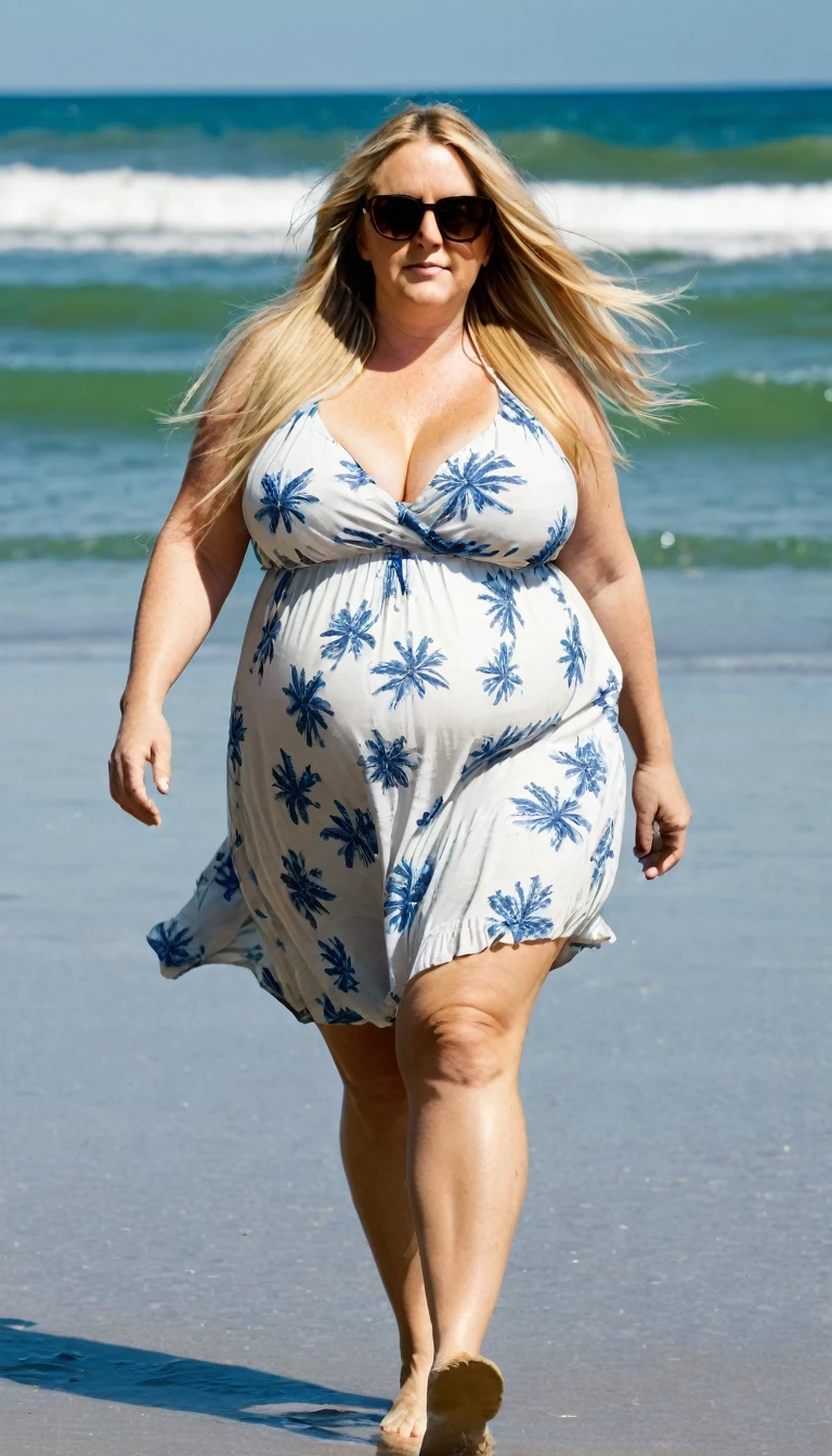 Fat woman, 40 years old white Caucasian woman, big hips, trick thighs, walking in the beach, summer, day time, sundress, sunglasses, full body picture, long straight blonde hair, messy hair, serious, chubby, bbw, huge breasts, hard nipples