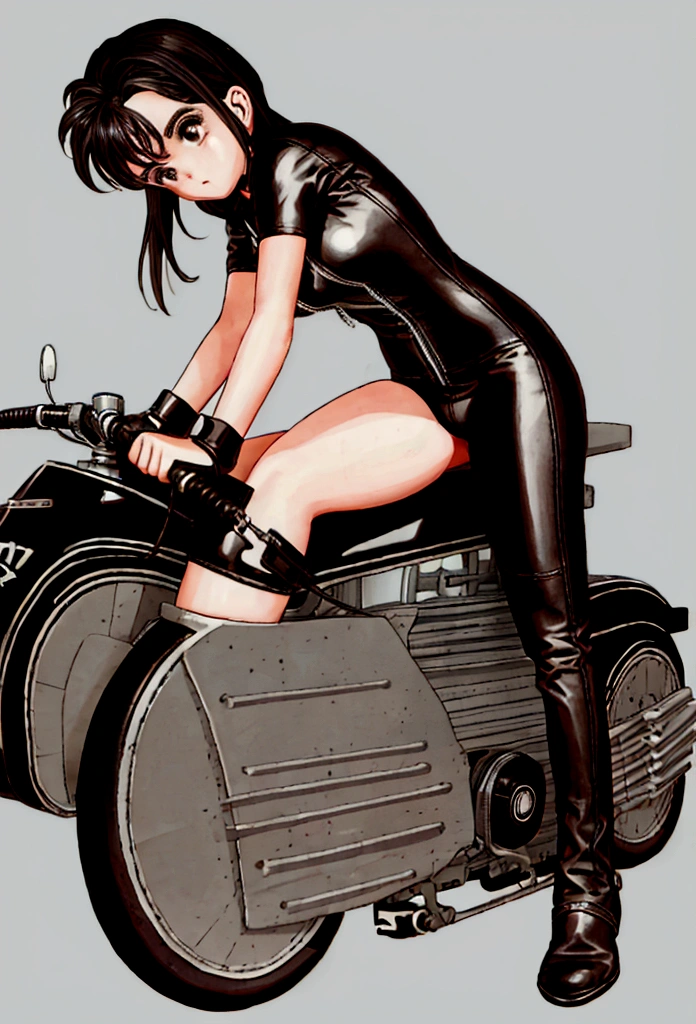  in tight leather clothing riding a motorbike