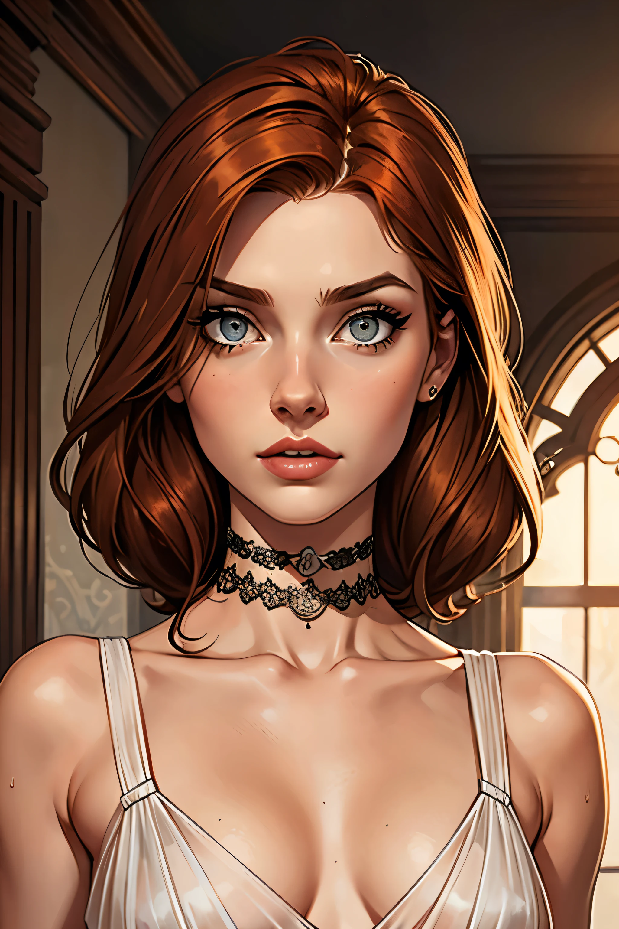 best qualityer, work of art, (realisitic: 1.2), 1 girl, slender girl, ginger hair, eyes browns, 3/4 view, face detailed, gorgeous eyes, eyes gray, eyes large, breasts small, choker, see through gown