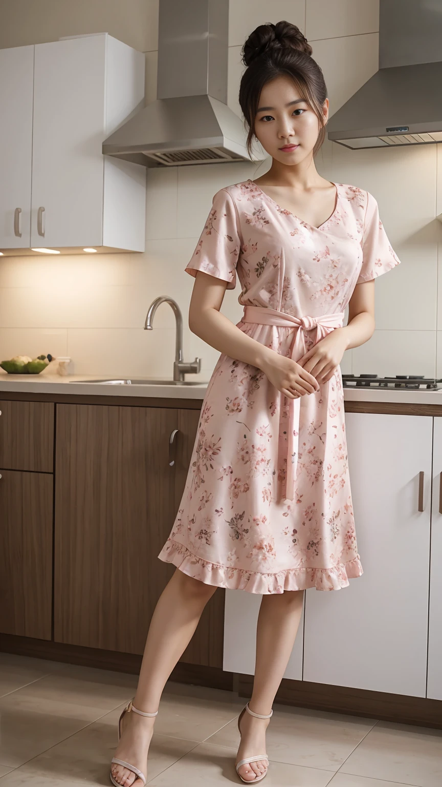 Full body shot, a young Korean woman in a pink floral dress, sandals,standing in kitchen, messy hair bun, face straight to viewer, seductive pose, serene expression, cute face, detailed face, detailed clothing, detailed background, natural lighting, warm colors, beautiful scenery, intricate details, highly detailed, photorealistic, 8k, ((masterpiece)), cinematic style, portrait