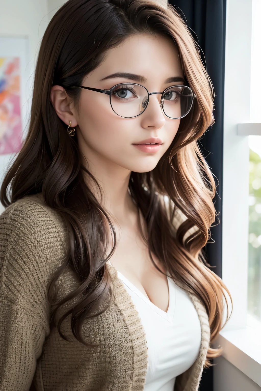 ((best qualityer)), ((work of art)), (detailded), 1 girl, Brunetette, wavy hair, biology student, pixel type image, wearing round glasses 
