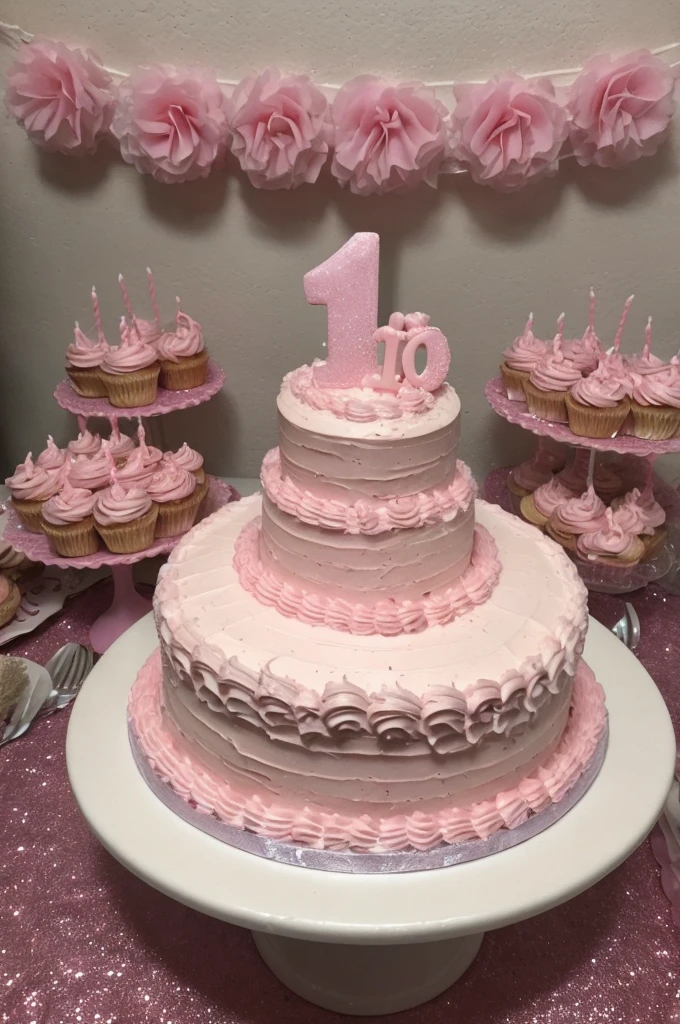 Pink cake on a celebration table, pink birthday party, 18 candles