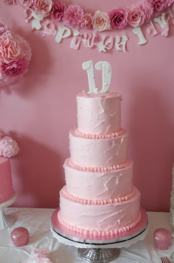 Pink cake on a celebration table, pink birthday party, 18 candles