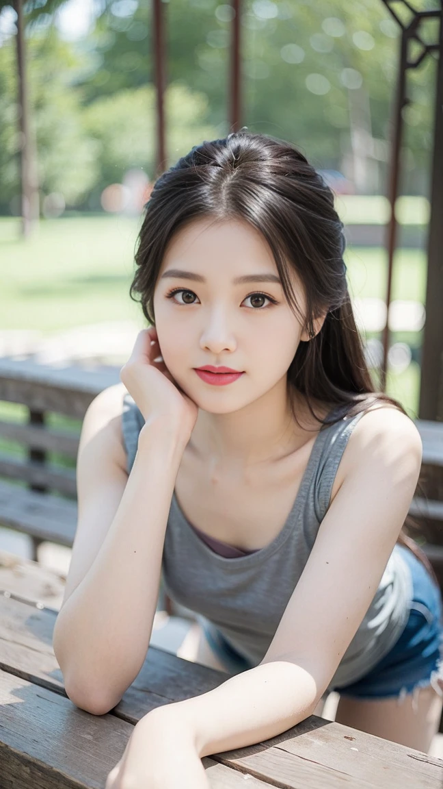 masterpiece, best quality, Surreal, Ultra Detailed, 8k resolution, RAW photos, Clear focus, (A girl in the forest), ((light gray shirt)), sleeveless, sports Shorts,, Solitary, Perfect body, Perfect body, Bangs to eyebrows、Beautiful brown hair、Beautiful and delicate eyes、Brown eyes、Raise an eyebrow、Bangs to eyebrows、Beautiful brown hair、Beautiful and delicate eyes、Brown eyes、Raise an eyebrow、High Nose、Small nostril、Little mouth、Tempting lips、Mouth slightly open、Beautiful breasts、Full body、Oval face,Phoenix Eyes,Eyebrow, Double eyelids, Long eyelashes,Legs as slender as willow branches, A faint smile, full-body shot:1.2,She has a pair of eyes as clear as water,Eyebrows are like distant mountains,Creamy skin,Lips like cherry blossoms。Her beauty is not only in appearance,It's more about her fragile yet tenacious temperament,Like a hibiscus flower swaying in the wind,It's pitiful, A faint smile, full-body shot:1.2,(Bring your legs together:1.5),with a round face, 32 inches in the chest, (sexy pose),(standing pose) ,(full body shot)、,
32 inches in the chest,(a charming smile:1), (sexy pose),26 years old, light,White shoes,Stand up