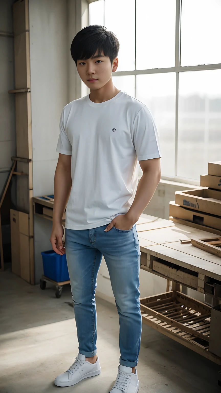 Full body shot, a young Korean man in a white T-shirt, blue jeans, white sneakers, standing in a workshop, face straight to viewer, standing straight, serene expression, detailed face, detailed clothing, detailed background, natural lighting, warm colors, beautiful scenery, intricate details, highly detailed, photorealistic, 8k, ((masterpiece)), cinematic style, portrait