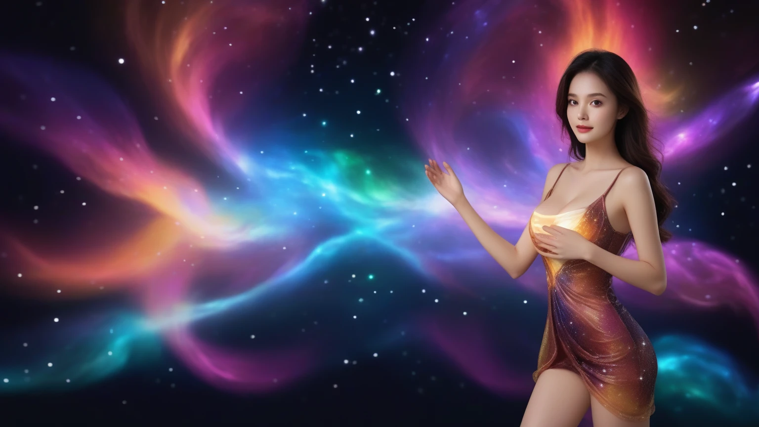 (((at night))), 1girl, solo, under starry sky, surrounded by spiral ethereal aurora, photo realistic huge-breast gorgeous busty slim woman, perfect face, wind-blowing black long hair, (((extreamly low-cut translucent:2.2 high-waist one-piece galaxy glowing short minidress exposing G-string panty))), smoky twirl dress, off shoulder, (((breast cleavage))), free dancing with the rythem of aurora lights, standing hip-up pose, (slow motion blur effects), (((half-body low angle above thigh medium shot))), dark background:1.8