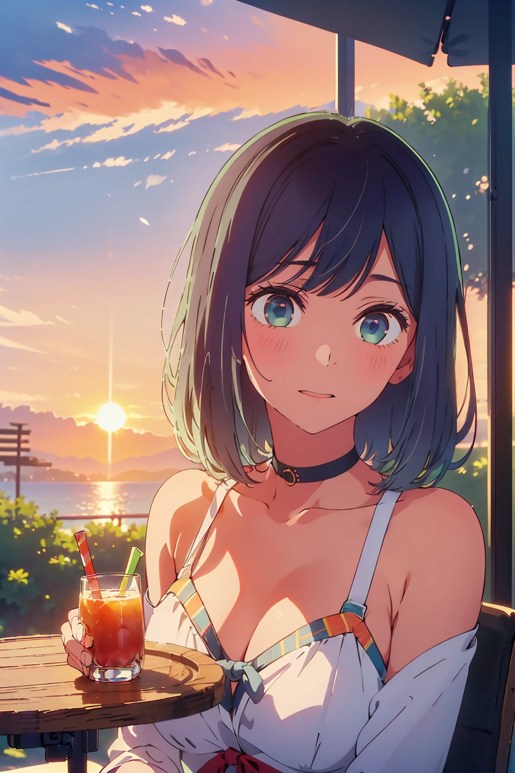 (Highest quality:1.4、masterpiece:1.4、Super detailed:1.4、8K:1.4)、((((1 person、Surprised expression、sit、Outdoor café terrace、coastal、juice、table、Sandy Beach、bikini、juiceのグラスを持つ、Big eyes、Shallow depth of field、Very cute face))))、(((bikiniサイズは小さい)))、(((sunset、Sunset)))、F cup bust