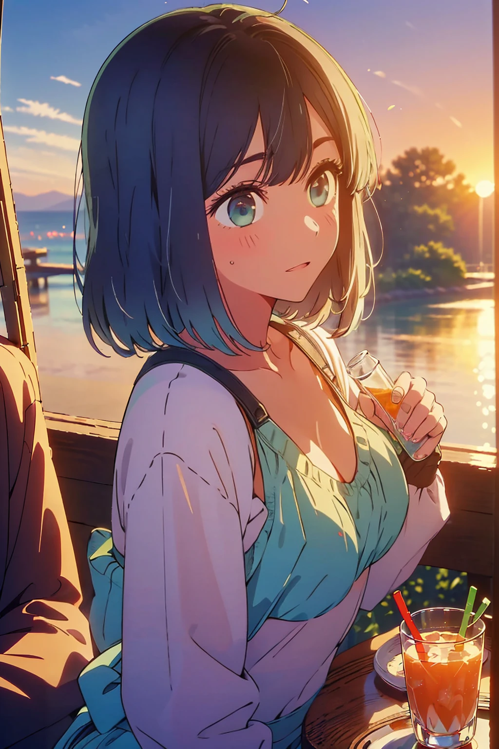 (Highest quality:1.4、masterpiece:1.4、Super detailed:1.4、8K:1.4)、((((1 person、Surprised expression、sit、Outdoor café terrace、coastal、juice、table、Sandy Beach、bikini、juiceのグラスを持つ、Big eyes、Shallow depth of field、Very cute face))))、(((bikiniサイズは小さい)))、(((sunset、Sunset)))、F cup bust
