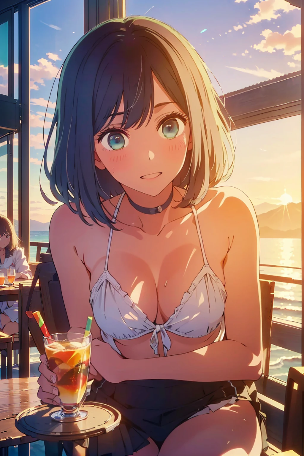 (Highest quality:1.4、masterpiece:1.4、Super detailed:1.4、8K:1.4)、((((1 person、Surprised expression、sit、Outdoor café terrace、coastal、juice、table、Sandy Beach、bikini、juiceのグラスを持つ、Big eyes、Shallow depth of field、Very cute face))))、(((bikiniサイズは小さい)))、(((sunset、Sunset)))、F cup bust