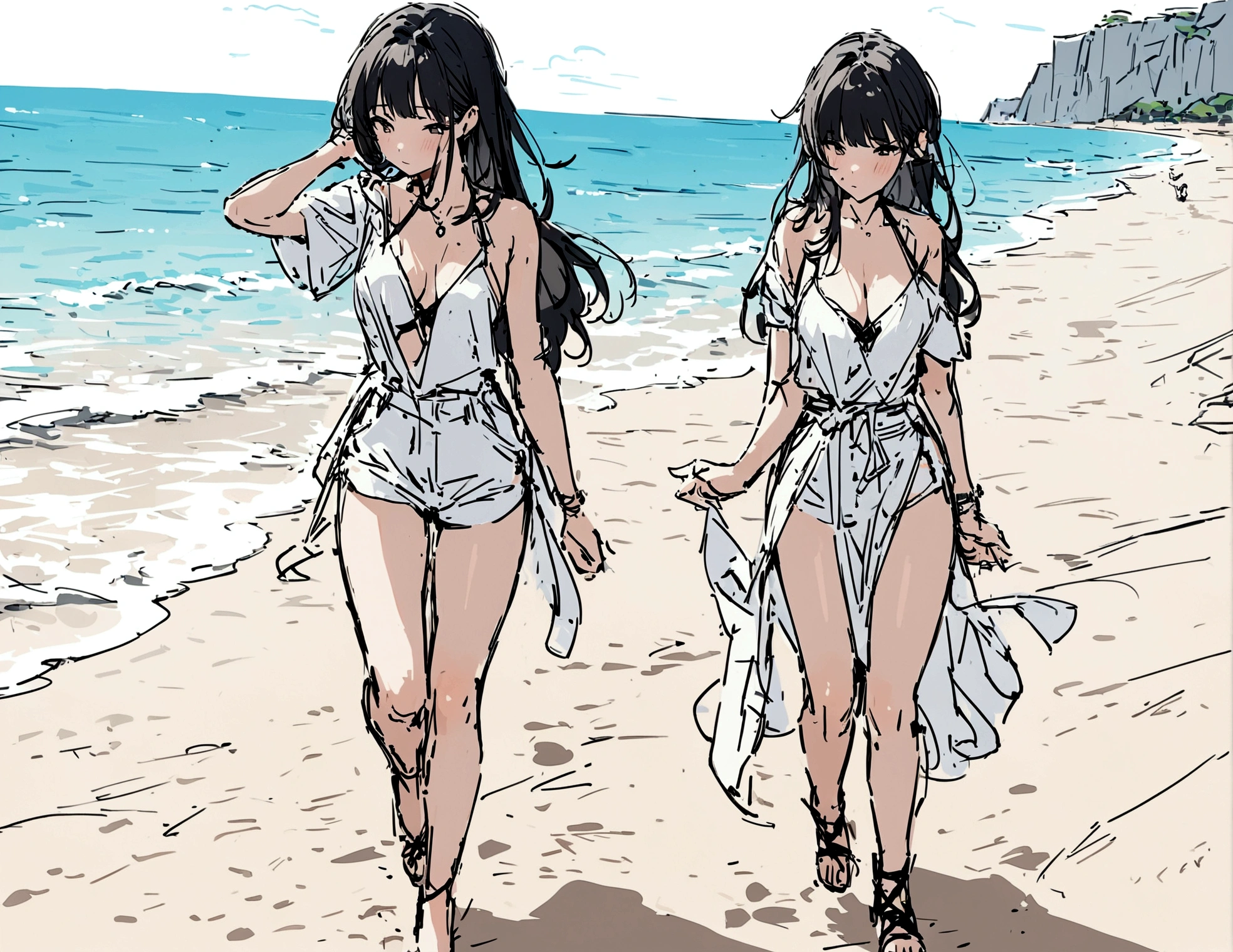 masterpiece,最high quality,Super detailed,High resolution backgrounds,8K,High Resolution,high quality,break,girl,Beach,men and women,Lightly dressed Japanese manga style, sketch, Colored pencil.
