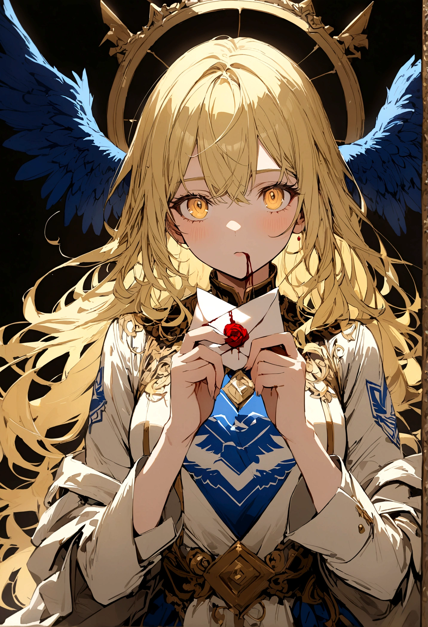Blonde girl with golden colored eyes, mouth full of blood and an envelope in his hands with a blue eagle logo