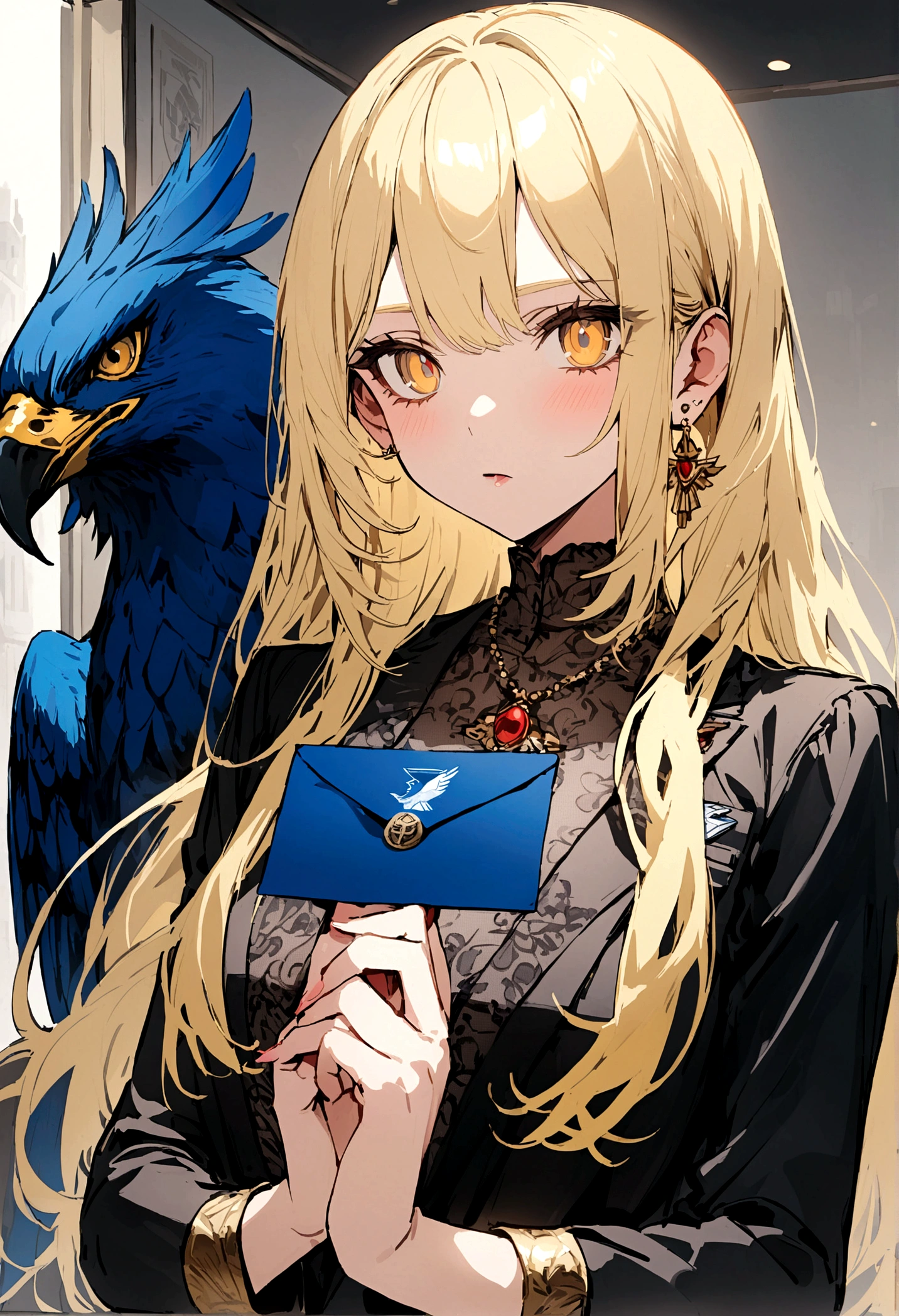 Blonde girl with golden colored eyes, mouth full of blood and an envelope in his hands with a blue eagle logo 