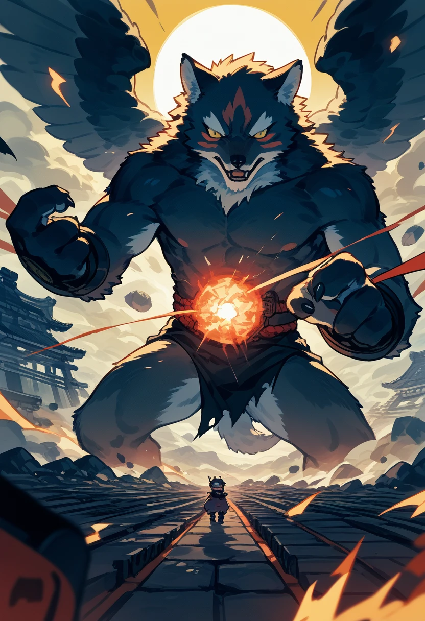 novel illustration, cover page, highres, top quality, best quality, paid reward available, unparalleled masterpiece, perfect artwork, absurdres, High-quality illustrations, super high resolution, detailed background, perfect anatomy(1girl, kemono, furry anthro)dramatic duel between 2girls, set in a battlefield during the Warring States period of Japan, illuminated by the setting sun, with a sense of intensity and determination emanating from the characters, fierce expression, flash of steel, calm and focused expression, war-torn landscape, with burning buildings and fallen warriors in the distance, tense and dramatic, with a sense of fate hanging in the balance,