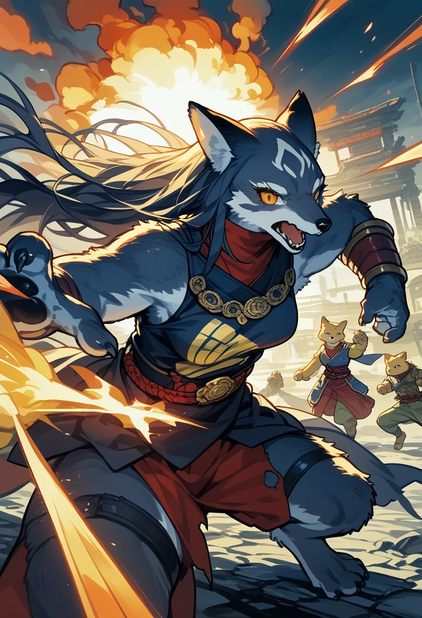 novel illustration, cover page, highres, top quality, best quality, paid reward available, unparalleled masterpiece, perfect artwork, absurdres, High-quality illustrations, super high resolution, detailed background, perfect anatomy(1girl, kemono, furry anthro)dramatic duel between 2girls, set in a battlefield during the Warring States period of Japan, illuminated by the setting sun, with a sense of intensity and determination emanating from the characters, fierce expression, flash of steel, calm and focused expression, war-torn landscape, with burning buildings and fallen warriors in the distance, tense and dramatic, with a sense of fate hanging in the balance,