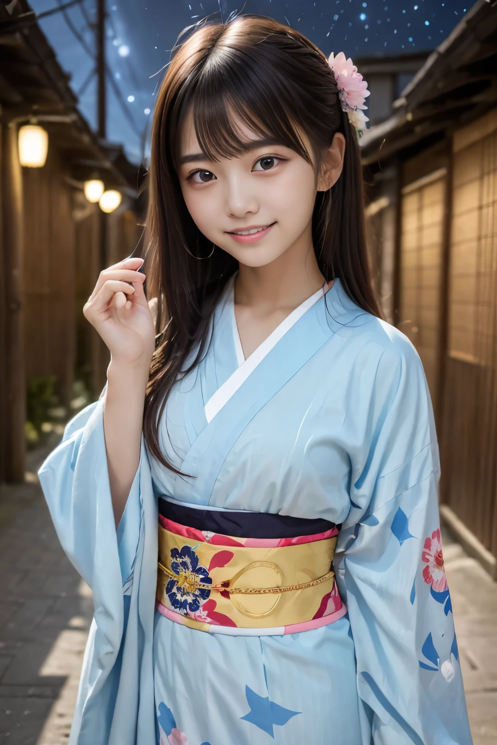 (masterpiece, Highest quality:1.2), One girl, solo, 16 years old, Cute face, (Night Sky, A Japanese girl makes a wish to a beautiful starry sky:1.4)、Tanabata Night, (Wear a beautiful yukata with a classic pattern, White fabric with light blue and pink floral pattern, Japanese style hair accessories:1.2), kimono, Girl with a paper, (In the bamboo forest), clear, smile,