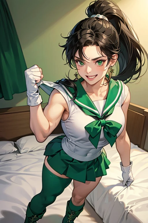 A muscular mature woman with black hair and a ponytail dressed as Sailor Jupiter is smiling and pumping her fist in her room while wearing green boots and white gloves.