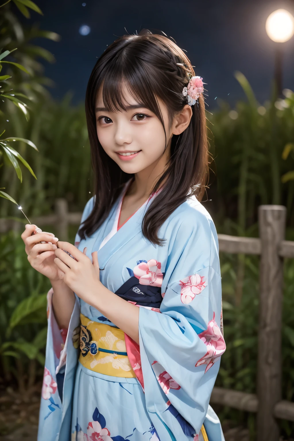 (masterpiece, Highest quality:1.2), One girl, solo, 16 years old, Cute face, (Night Sky, A Japanese girl makes a wish to a beautiful starry sky:1.4)、Tanabata Night, (Wear a beautiful yukata with a classic pattern, White fabric with light blue and pink floral pattern, Japanese style hair accessories:1.2), kimono, Girl with a paper, (In the bamboo forest), clear, smile,