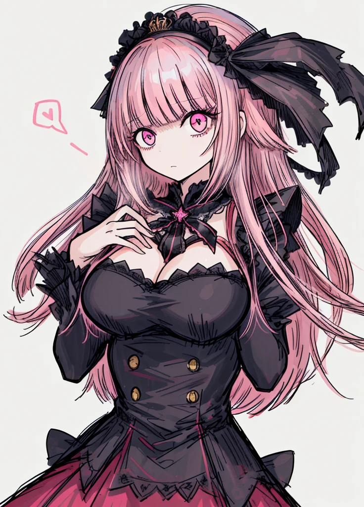1girl, hime cut,straight short bangs,very long hair, opera dress, pink hair, pink eyes, gala gloves,
(high resolution, high detail, best quality), shy, fearful, large breast, beautiful