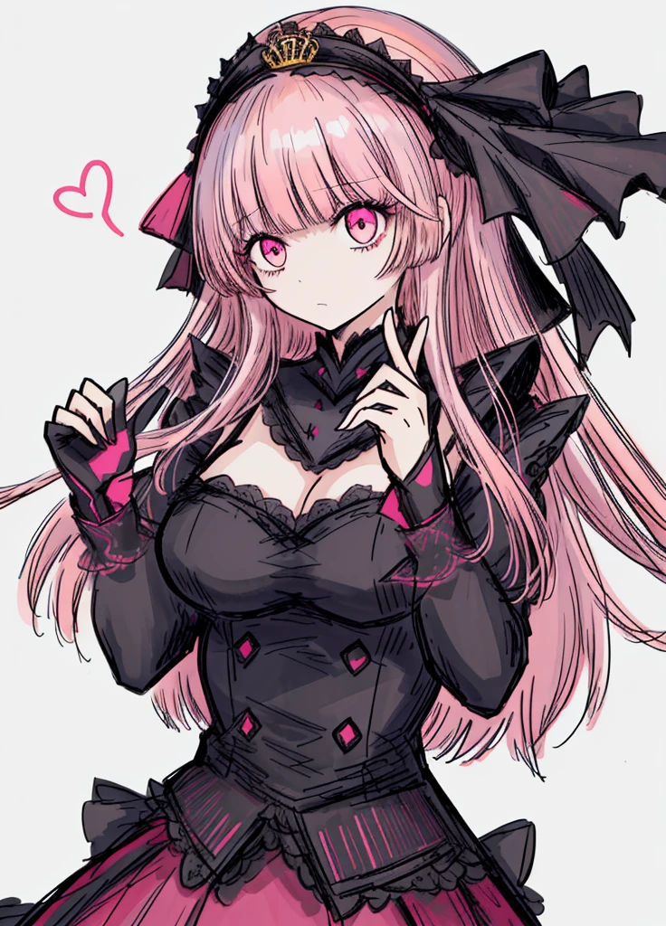 1girl, hime cut,straight short bangs,very long hair, opera dress, pink hair, pink eyes, gala gloves,
(high resolution, high detail, best quality), shy, fearful, large breast, beautiful