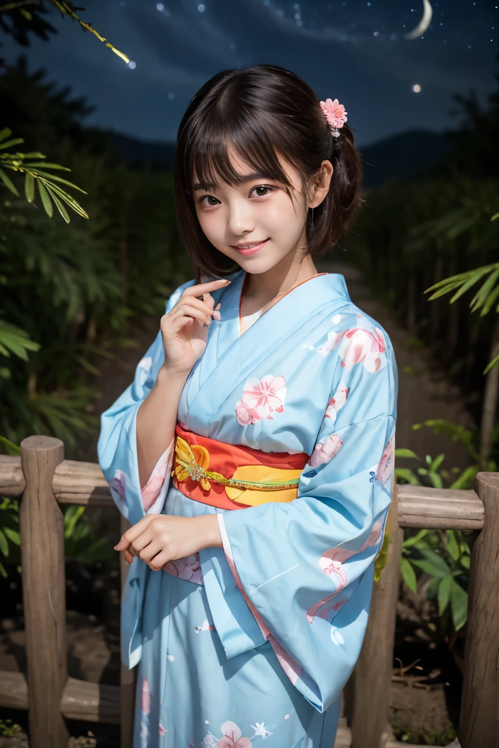 (masterpiece, Highest quality:1.2), One girl, solo, 16 years old, Cute face, (Night Sky, A Japanese girl makes a wish to a beautiful starry sky:1.4)、Tanabata Night, (Wear a beautiful yukata with a classic pattern, White fabric with light blue and pink floral pattern, Japanese style hair accessories:1.2), kimono, Girl with a paper, (In the bamboo forest), clear, smile,