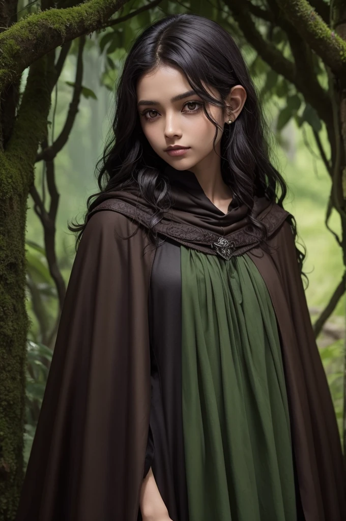 Estilo darkfantasy; um elfo; brown-skinned; black wavy hair; dark brown eyes; wearing a cloak that imitates the wings of a green butterfly.