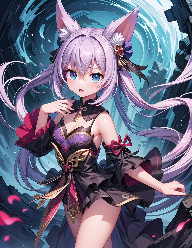 1girl, wearing a dress with cat ears and a cat tail, ink splash art anime lolita, anime monster girl, demonic anime girl, cute anime girl in a beautiful dress, detailed art, ayanami from genshin impact, detailed art in onmyoji style, anime moe art style, dark demon dancer, fashionable dark witch, anime girl in a black dress, (best quality, 4k, 8k, highres, masterpiece:1.2), ultra-detailed, (realistic, photorealistic, photo-realistic:1.37), vibrant colors, intricate details, dramatic lighting, mystical atmosphere, ethereal, whimsical, elegan
