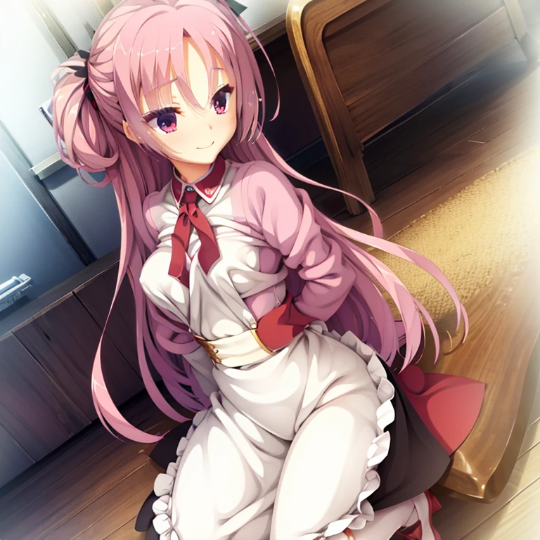 seductive, ((forehead to show)), attractive, sexy eyes, red coat, pink hair, delicate, young, long hair, detailed face, high definition, full body, maid, cute smile, cafe