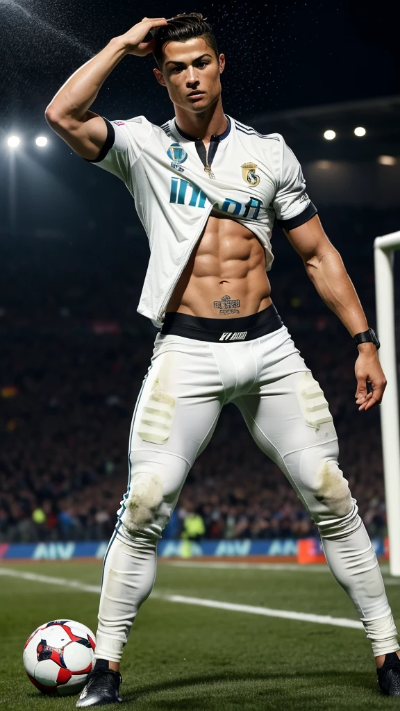 Cristiano Ronaldo cr7, open zipper pants, thick perfect penis, dick spurting smeared milk, At night. On a football field at the stadium, raining