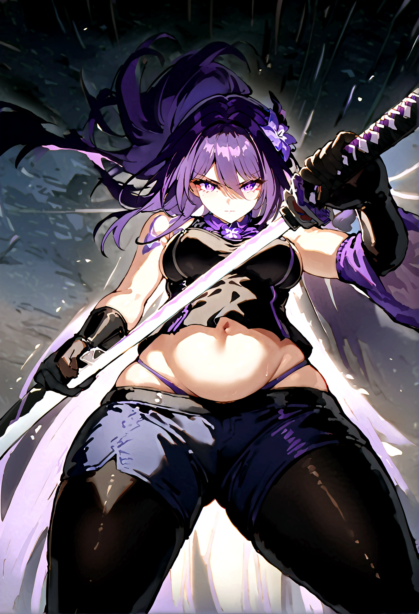 Anime girl with very long dark purple hair and a flower hair accessory wearing black short jeans with latex socks and a sport shoes wearing a cut shirt with no sleeves and half cut from below showing her belly with a black vest with short latex gloves purple glowing eyes holding katana in her hands her elemental power is purple thunder 