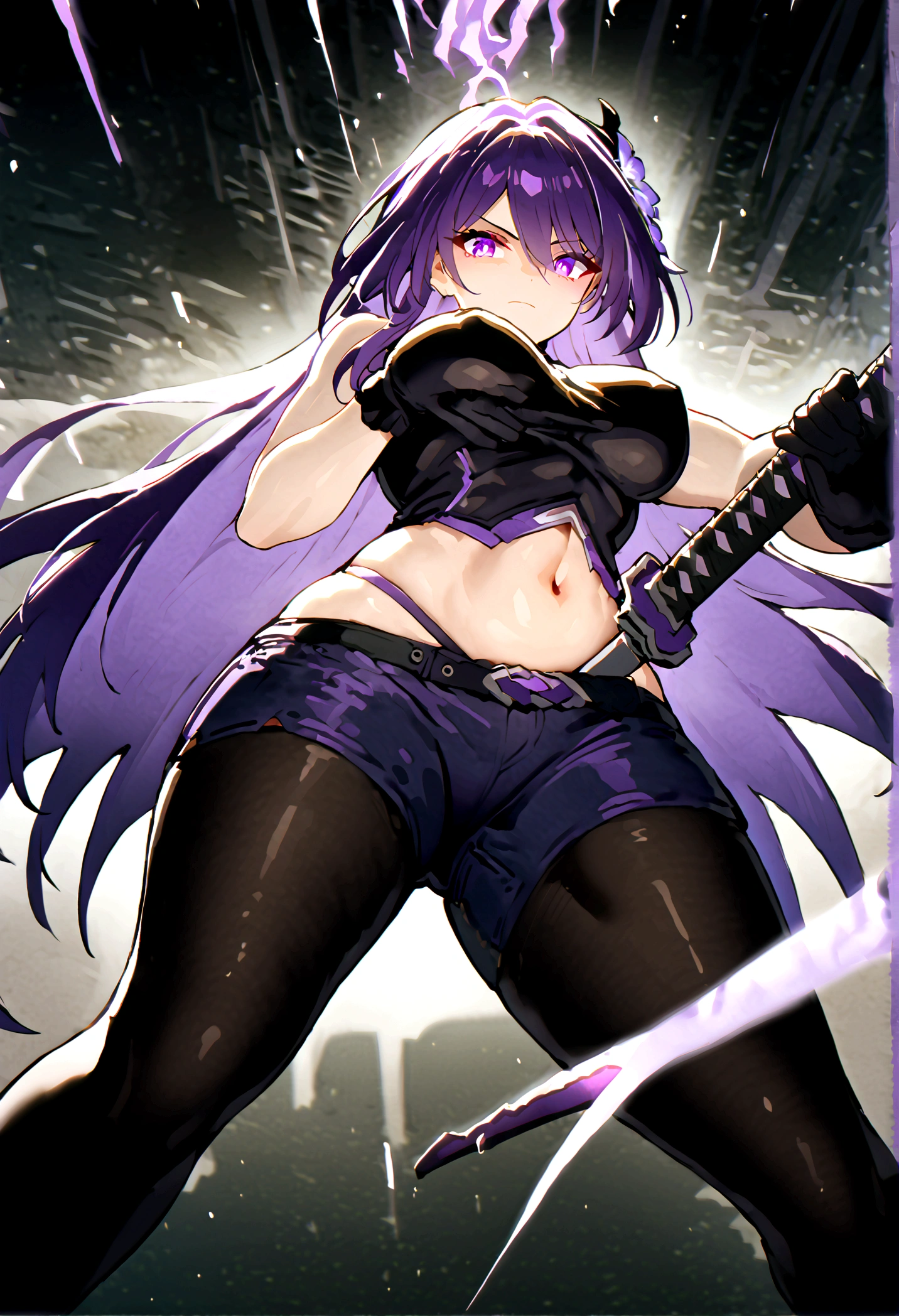 Anime girl with very long dark purple hair and a flower hair accessory wearing black short jeans with latex socks and a sport shoes wearing a cut shirt with no sleeves and half cut from below showing her belly with a black vest with short latex gloves purple glowing eyes holding katana in her hands her elemental power is purple thunder 