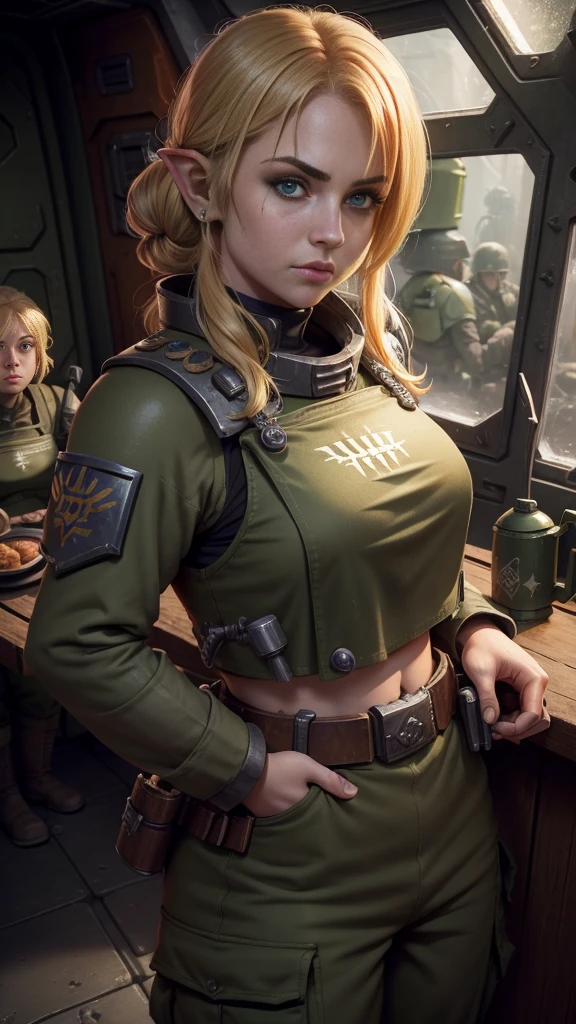 (high-angle shot), warhammer 40k imperial guardsman, ((female hobbit)). blonde hair, bare hand, hafling, pants, (green bulletproof vest), ((large nose)), large expressive eyes, ((in a rusty spaceship)), chubby face, black paint under eyes, dirty, holding food