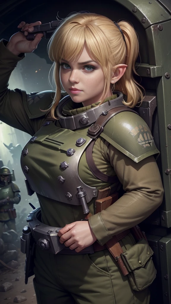 (high-angle shot), warhammer 40k imperial guardsman, ((female hobbit)). blonde hair, bare hand, hafling, pants, (green bulletproof vest), ((large nose)), large expressive eyes, ((in a rusty spaceship)), chubby face, black paint under eyes, dirty, holding food